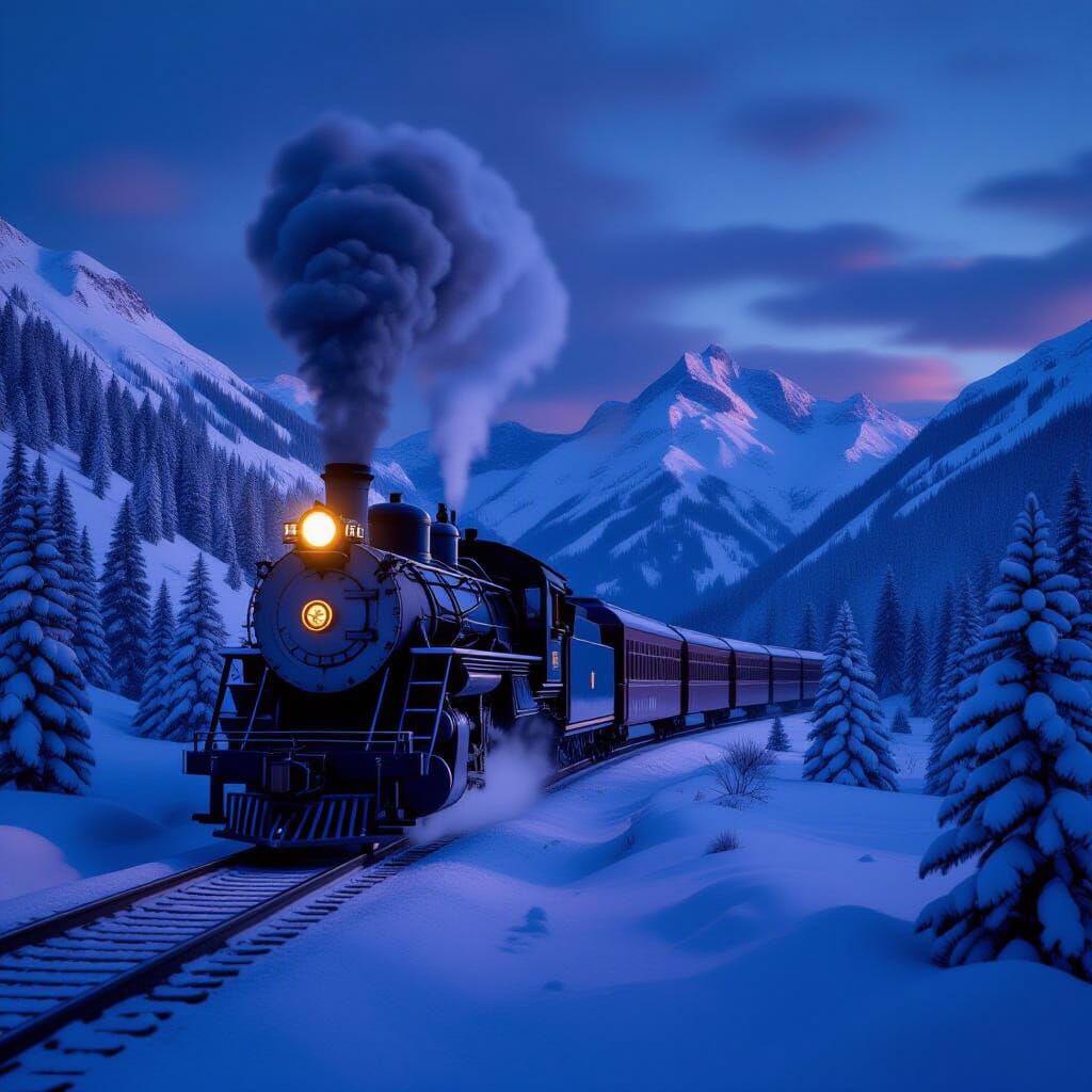 Vintage Steam Train in Snowy Twilight Landscape