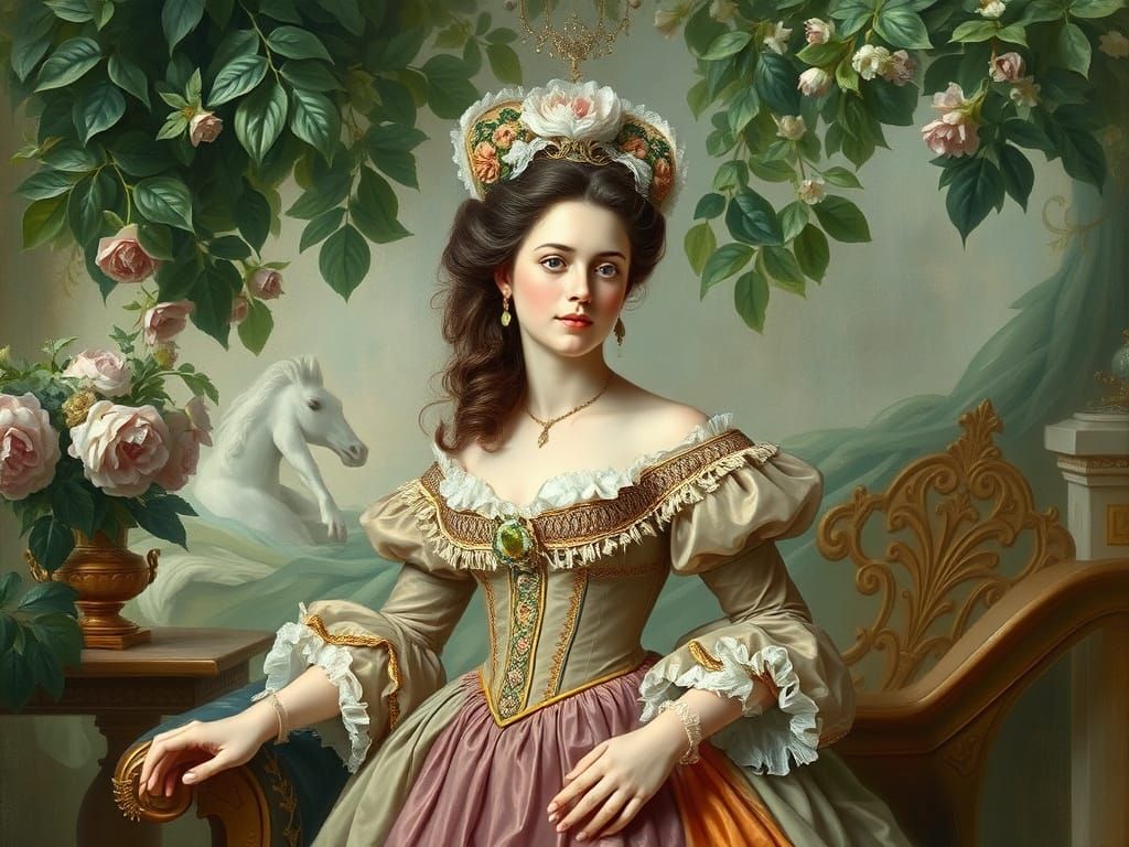 Elegant Woman in Rococo Garden, Pastel Hues
