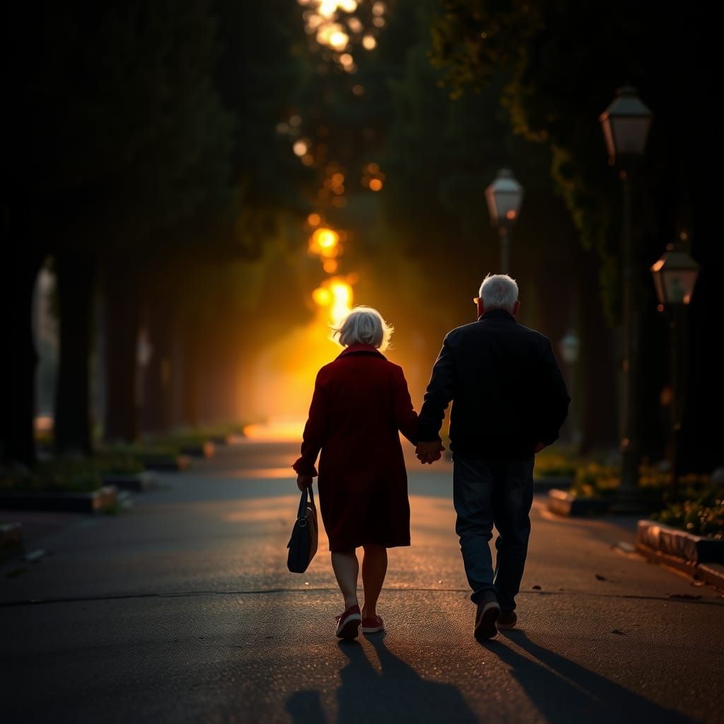 Elderly Couple Walking at Sunset Silhouette