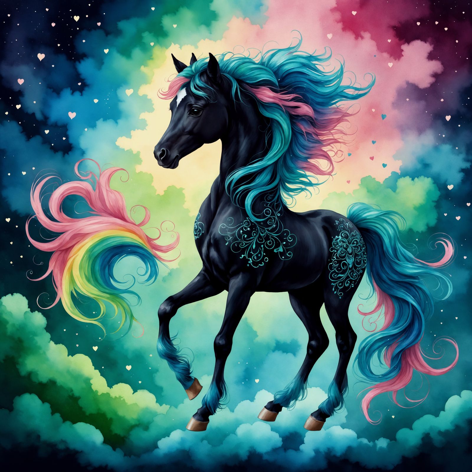 Chibi Black Winged Foal on Colorful Cloud