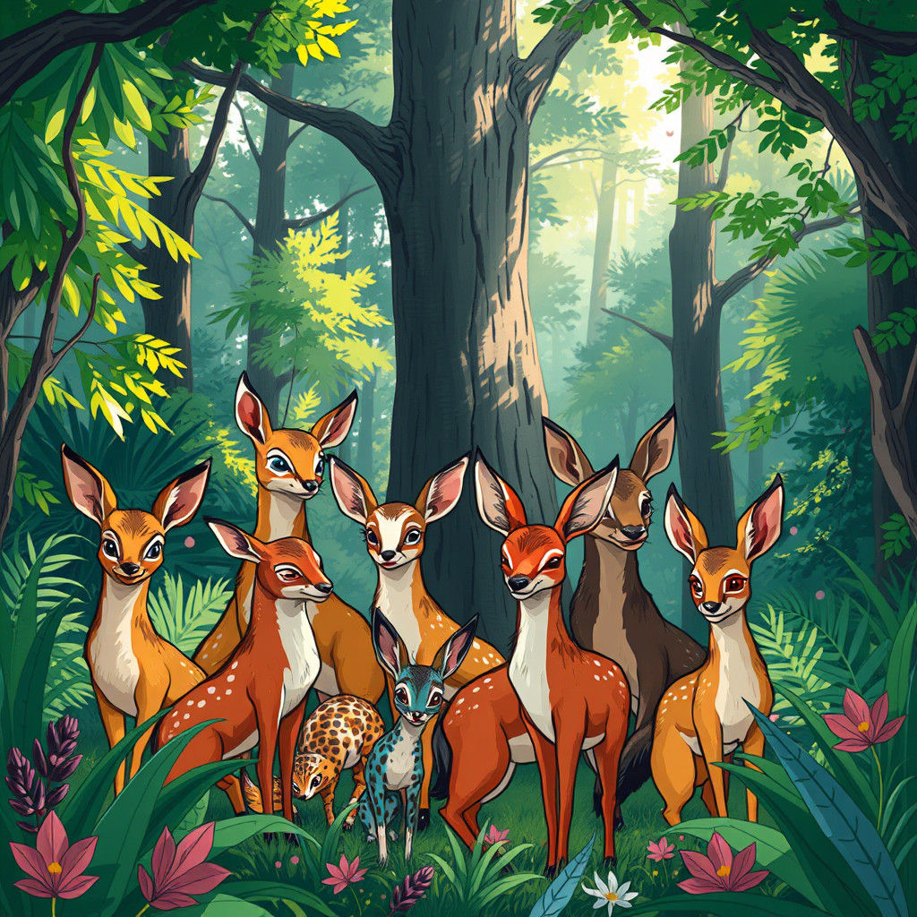 Faun Gathering in Forest, Doodle Style Illustration