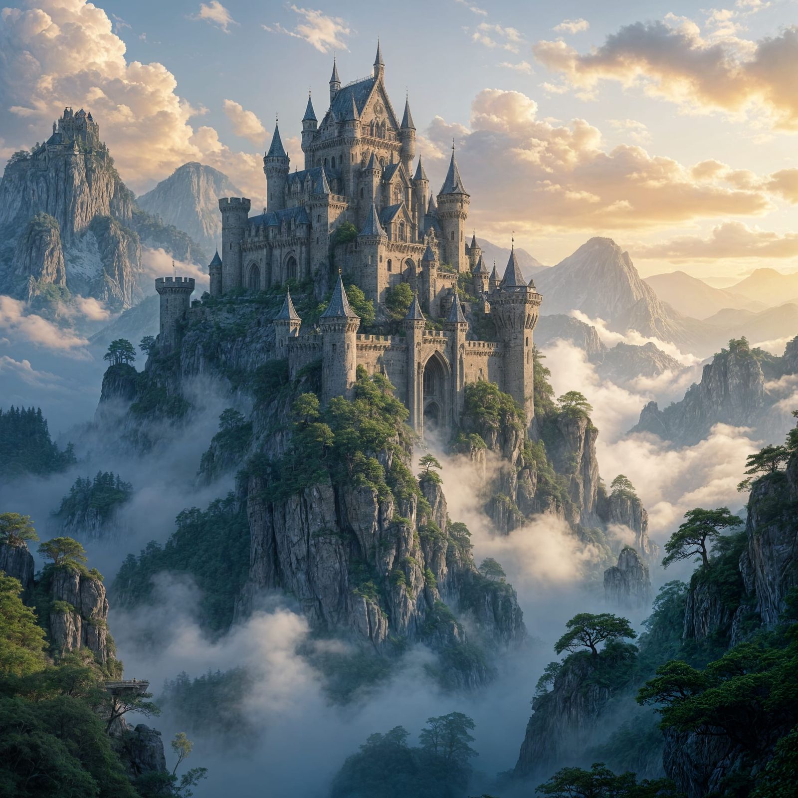 Majestic Castle on Ancient Mountain Peak in Ethereal Mist