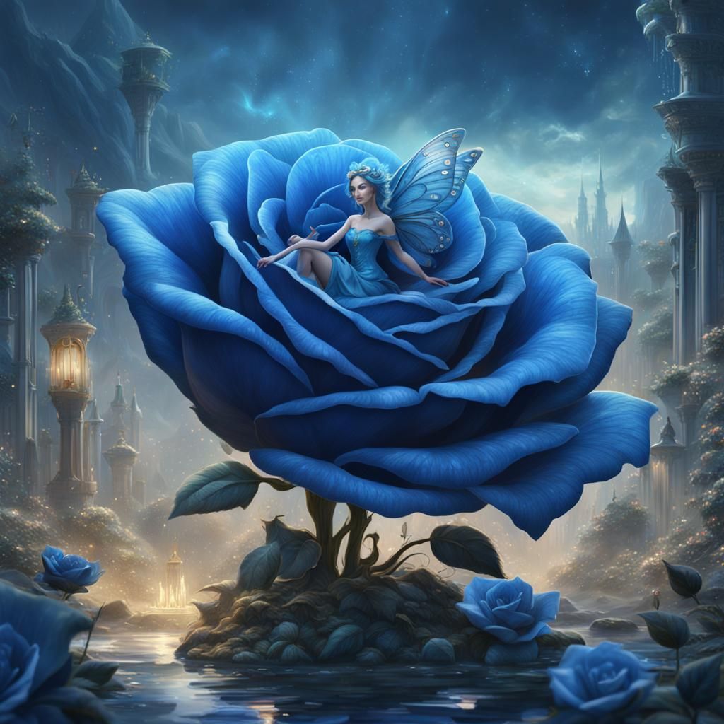 Blue fairy sitting atop a blue rose