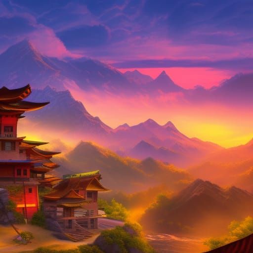 Mountain Ninja Dojo at Sunset in 8k