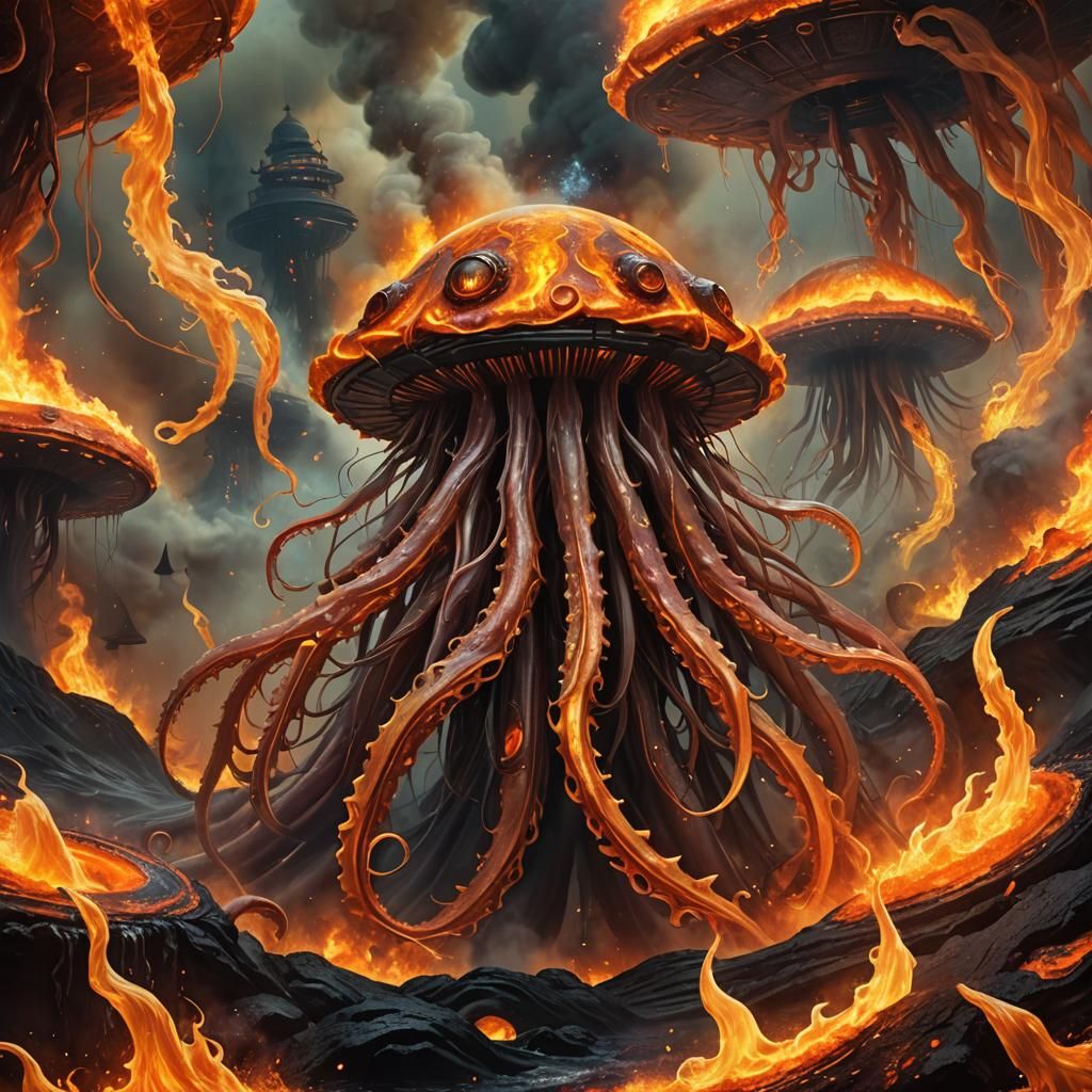 Lava Squid Attack Flying Saucer: Impasto 3D Rendering