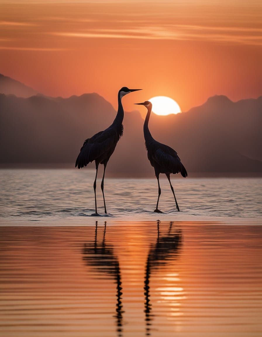 Cranes Stand Serenely at Dawn in Water