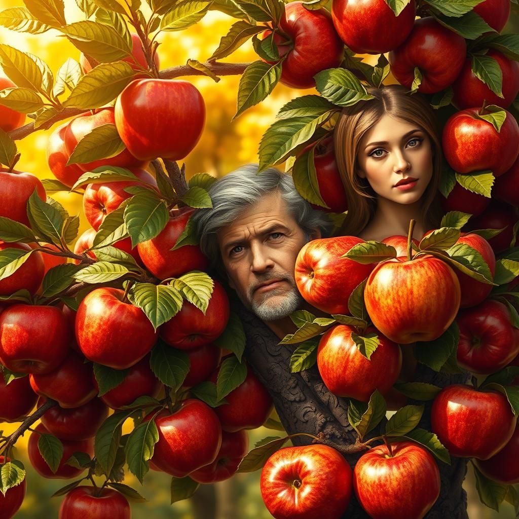 Apple Tree with Faces in Eden, Photorealistic Digital Art