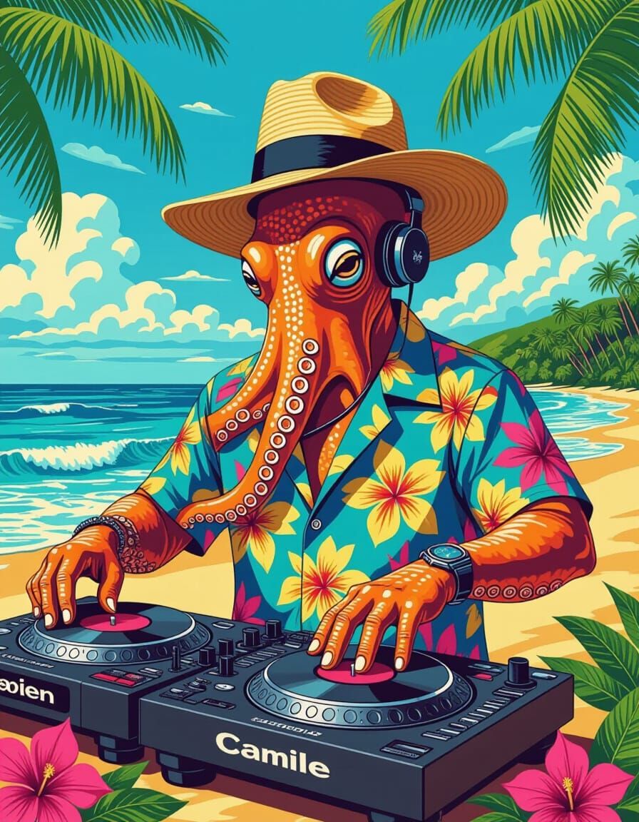 Octopus DJ in Hawaiian Shirt: Seaside Turntable Art