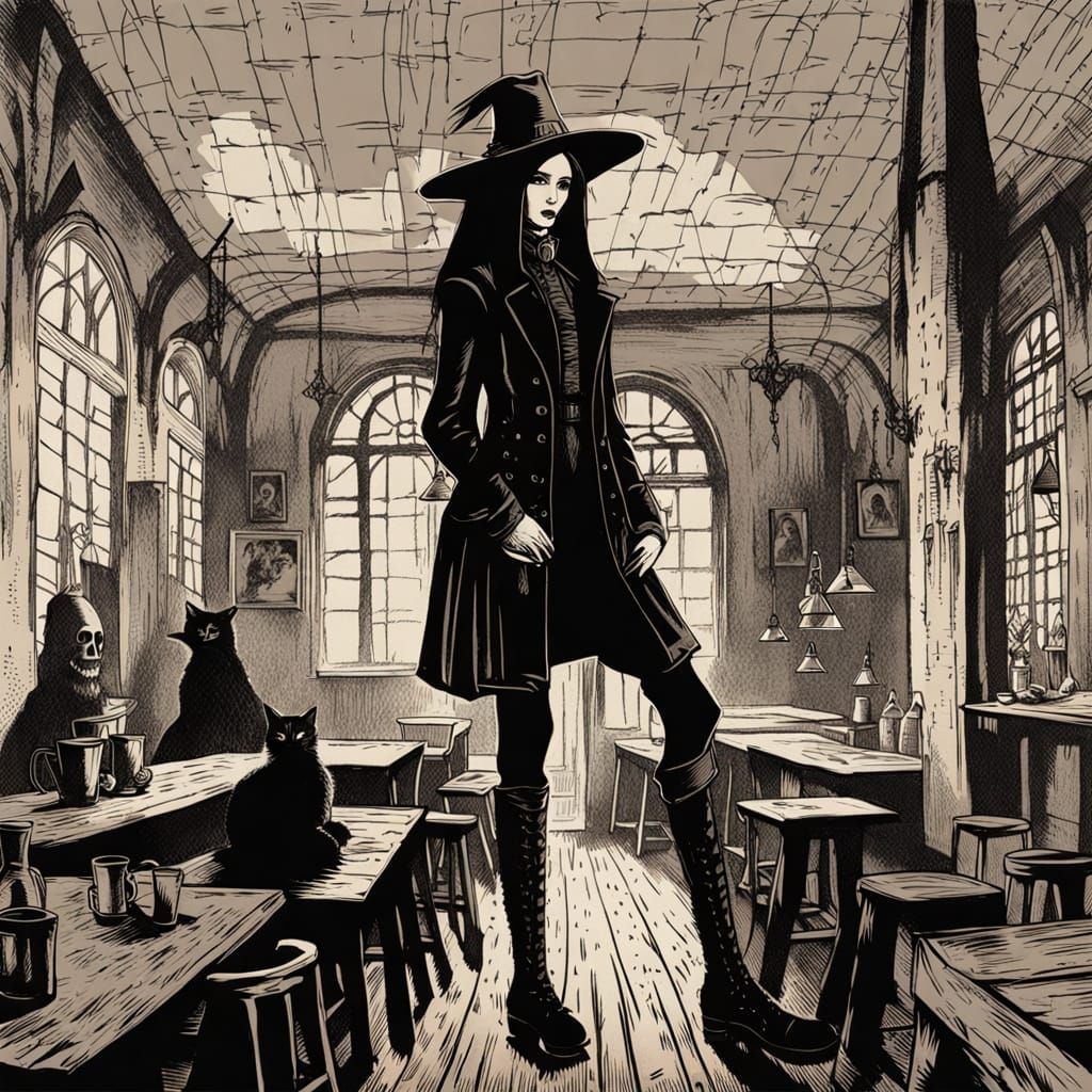 Mysterious Gothic Model in a Post-Apocalyptic Coffee Shop