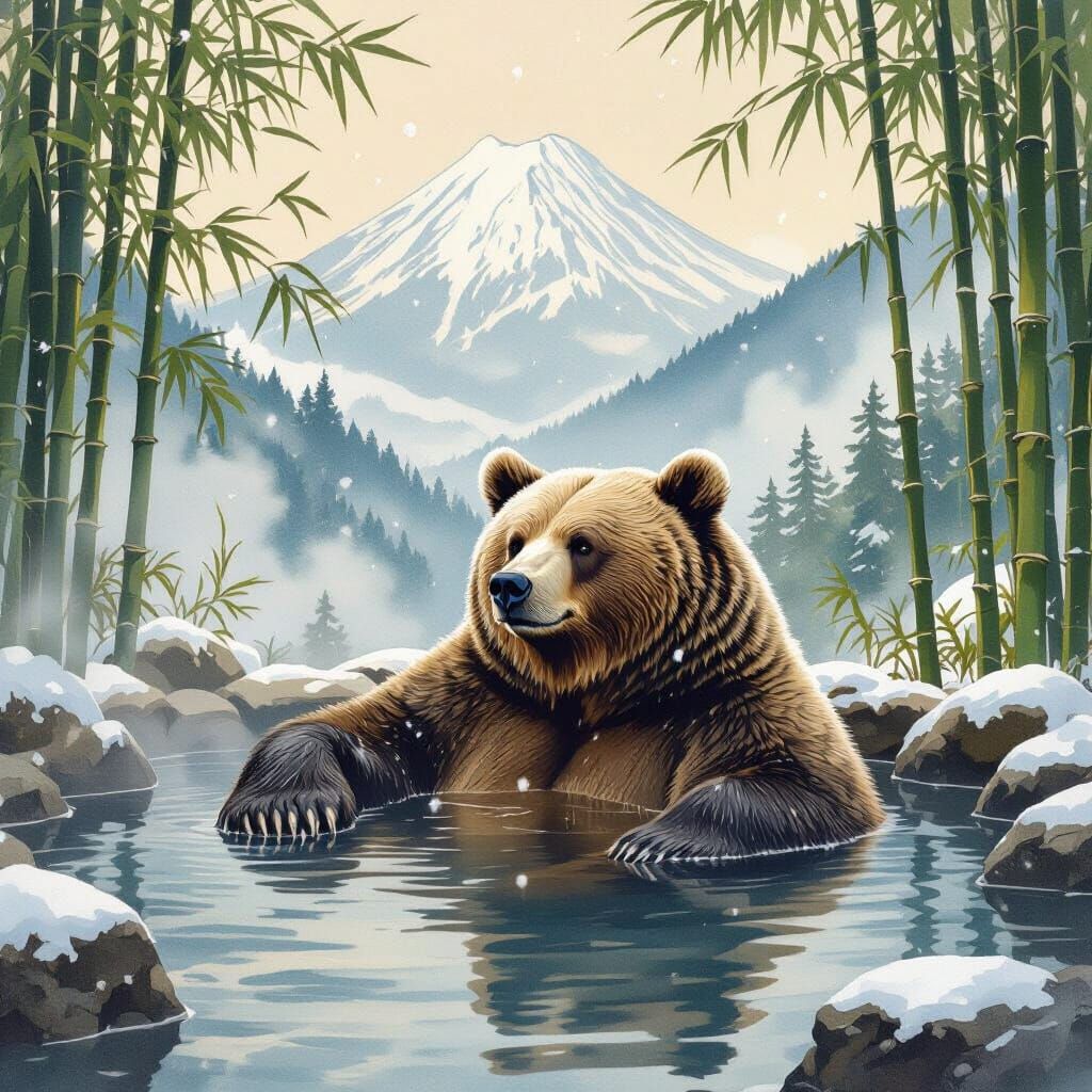Grizzly Bear in Japanese Onsen: Mystical Realism