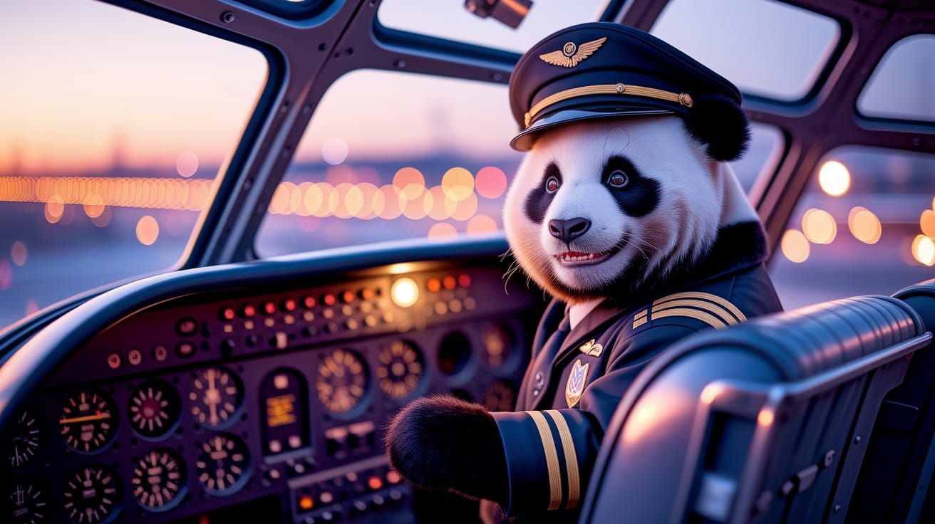 Panda Pilot Smiles in Vintage Plane Cockpit at Dusk