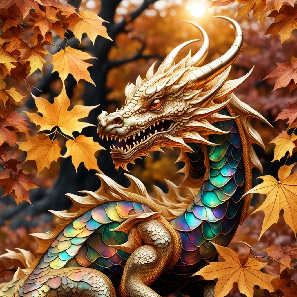 Iridescent Dragon Amidst Golden Autumn Leaves
