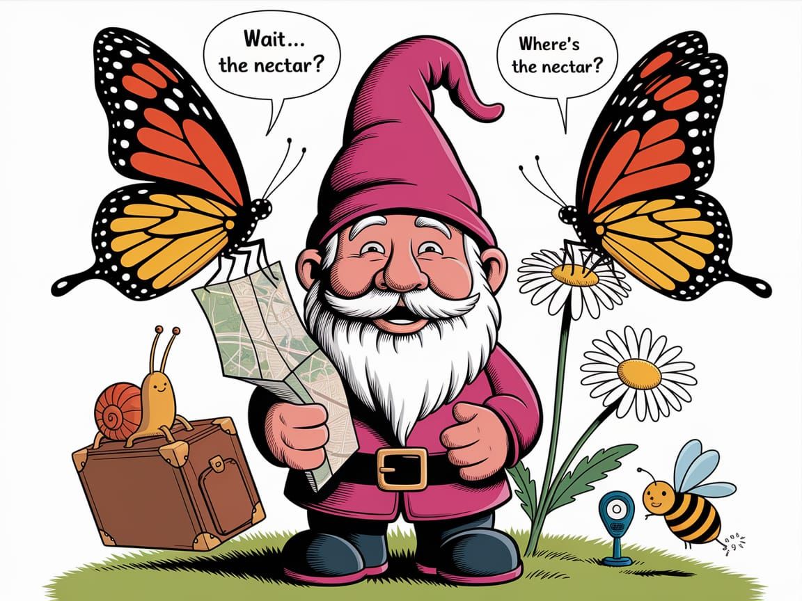 Confused Butterflies and Gnome in Comic Style