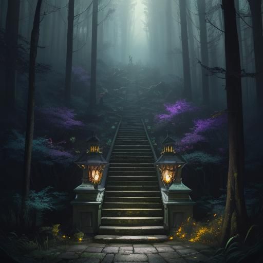 Enchanted Staircase in Dark Fantasy Forest