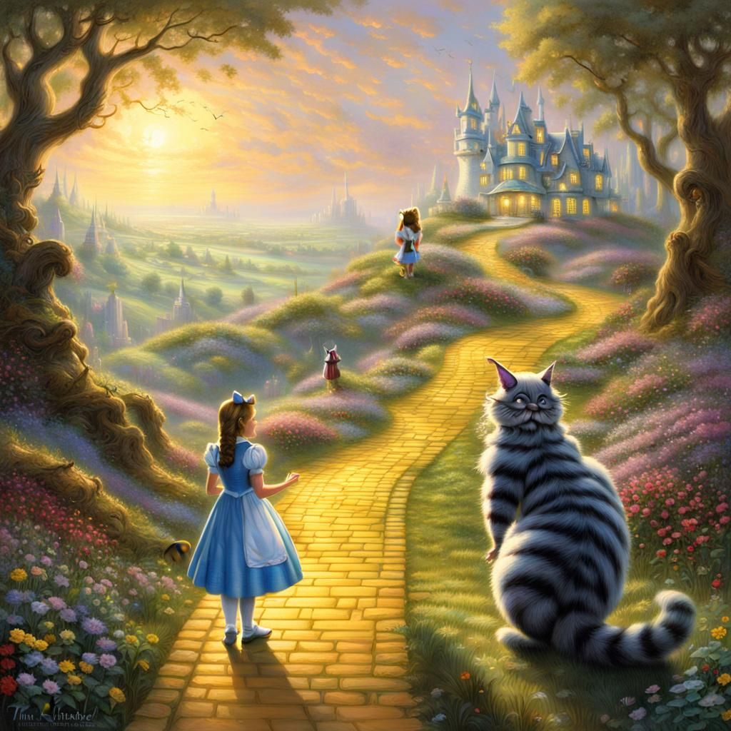 Alice, Cheshire Cat, and Dorothy on Yellow Brick Road