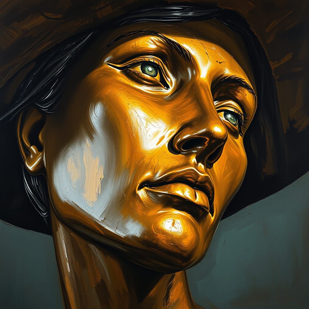 Expressive Oil Painting of 1950s Bronze Sculpture in Impasto...