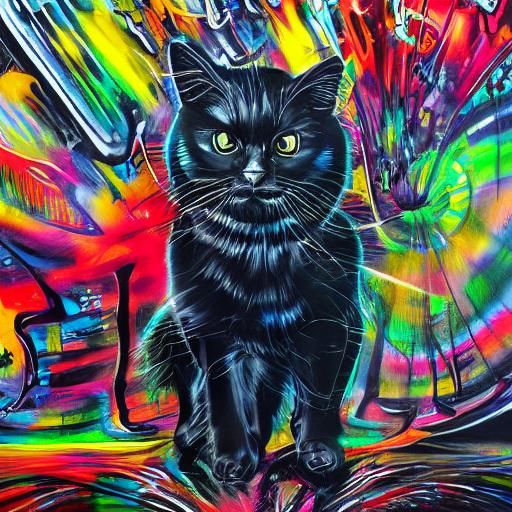 Graffiti Art Black Cat in Splash Art Style