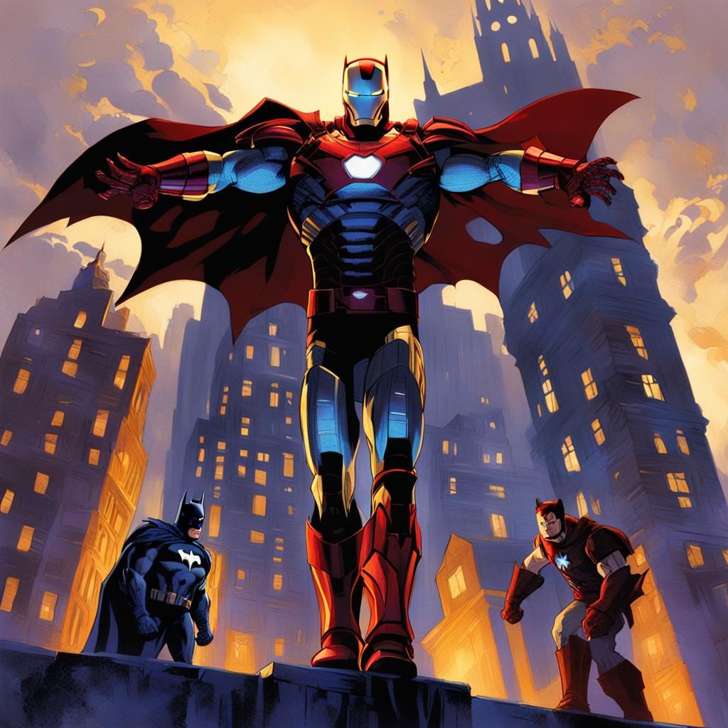 Ironman, Batman, and Captain America in Gotham, Gritty Art