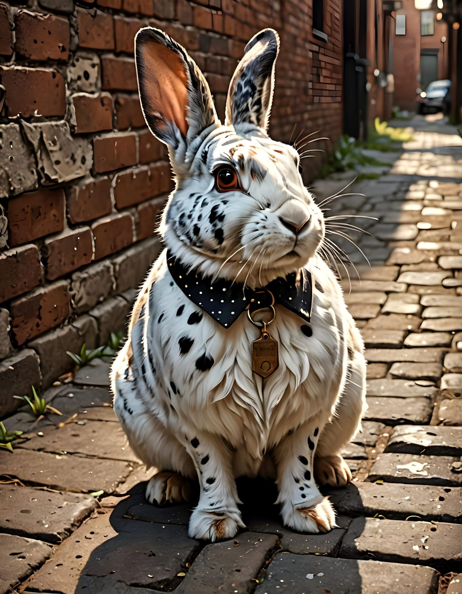 Hyperrealistic English Spotted Rabbit in 1940s Alley