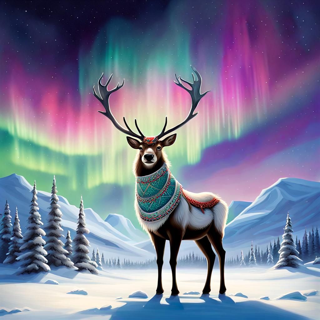 Winter. Night. Northern Lights. Reindeer.
