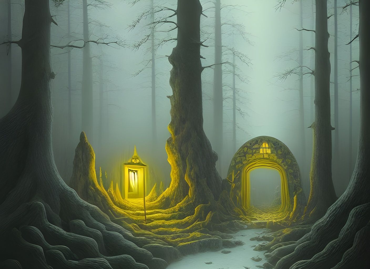 Dungeon Portal in Haunted Forest, Surreal 3D Render
