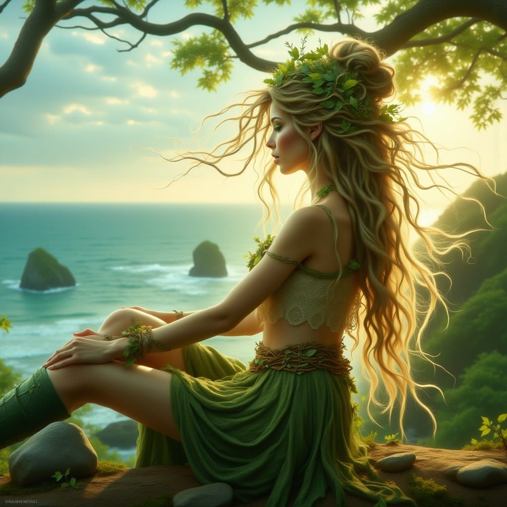 Dryad on Terrace Overlooking Sea in Ethereal Sunlight