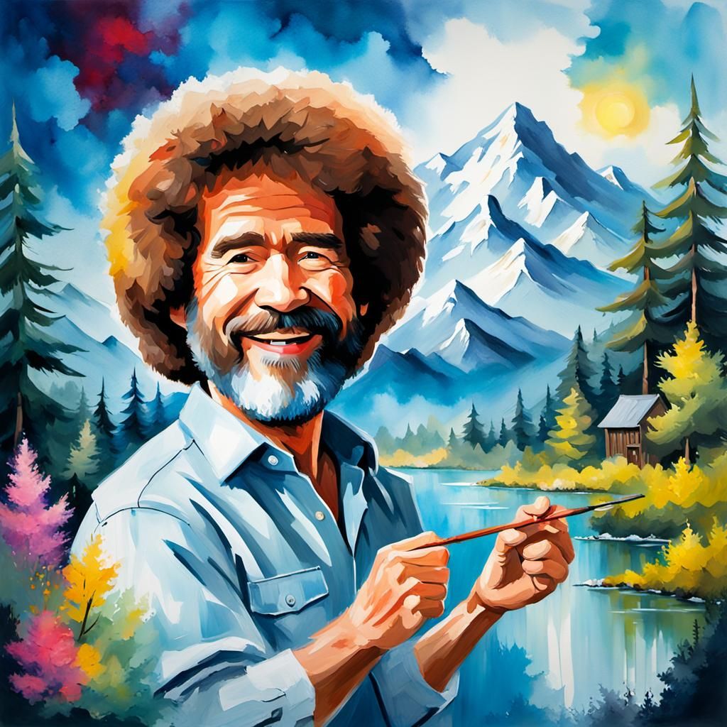 Happy Bob Ross in Gouache Style