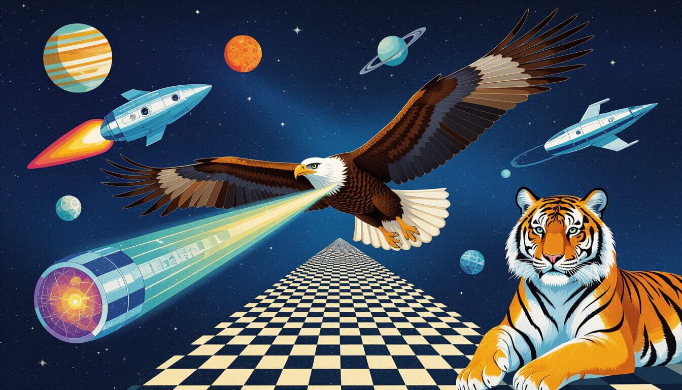 Hybrid Creatures Converse Amidst Escher Staircases