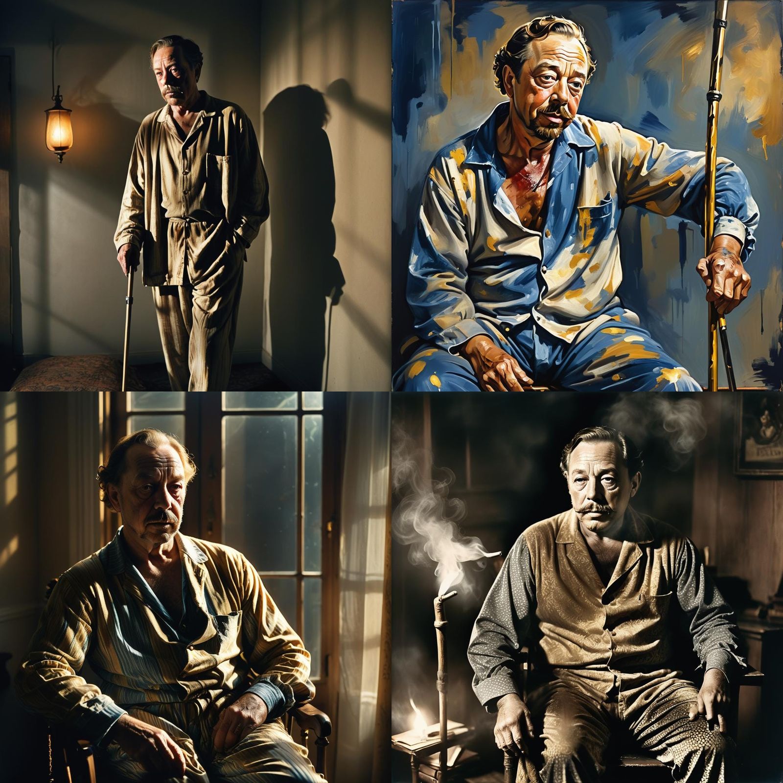 Tennessee Williams in Pajamas with Crutch