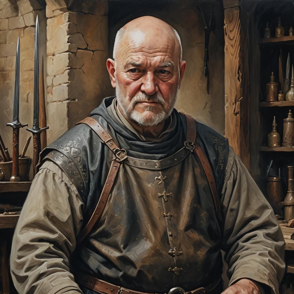 Medieval Weapon Store Owner Portrait in Oil Paint