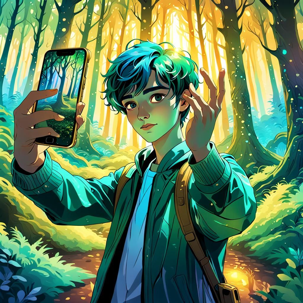 Mystical Forest Selfie at Sunset: Digital Fantasy Art