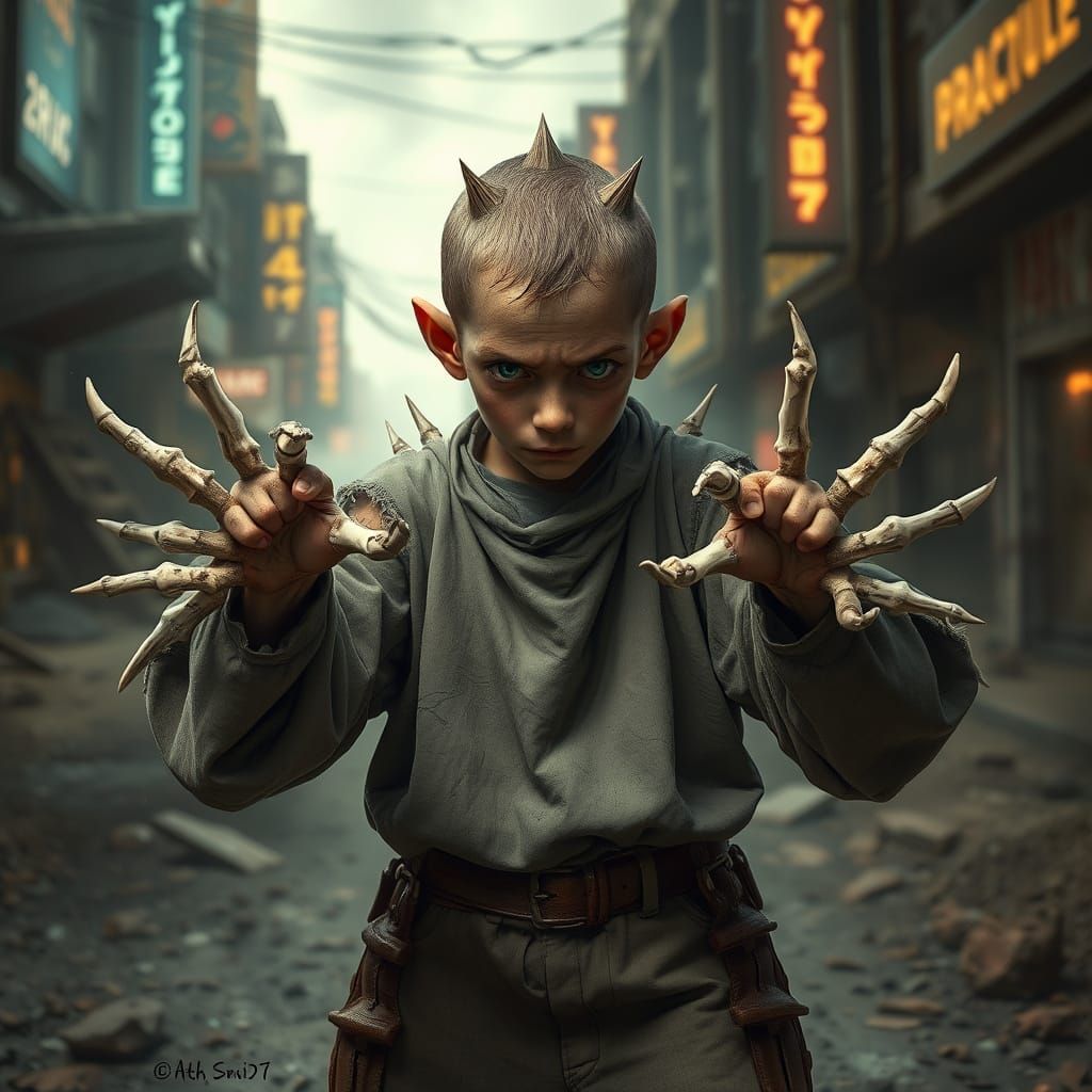 Cyberpunk Boy Defies Urban Chaos with Bone Powers