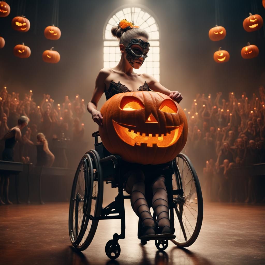 Ballerina in a wheelchairwith a pumpkin mask dancing on stag...