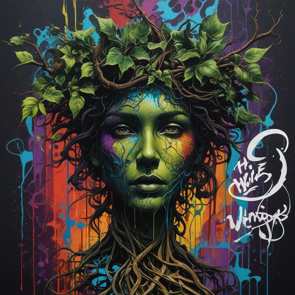 Surreal Street Art Depiction of a Vine and Branches in Vibra...