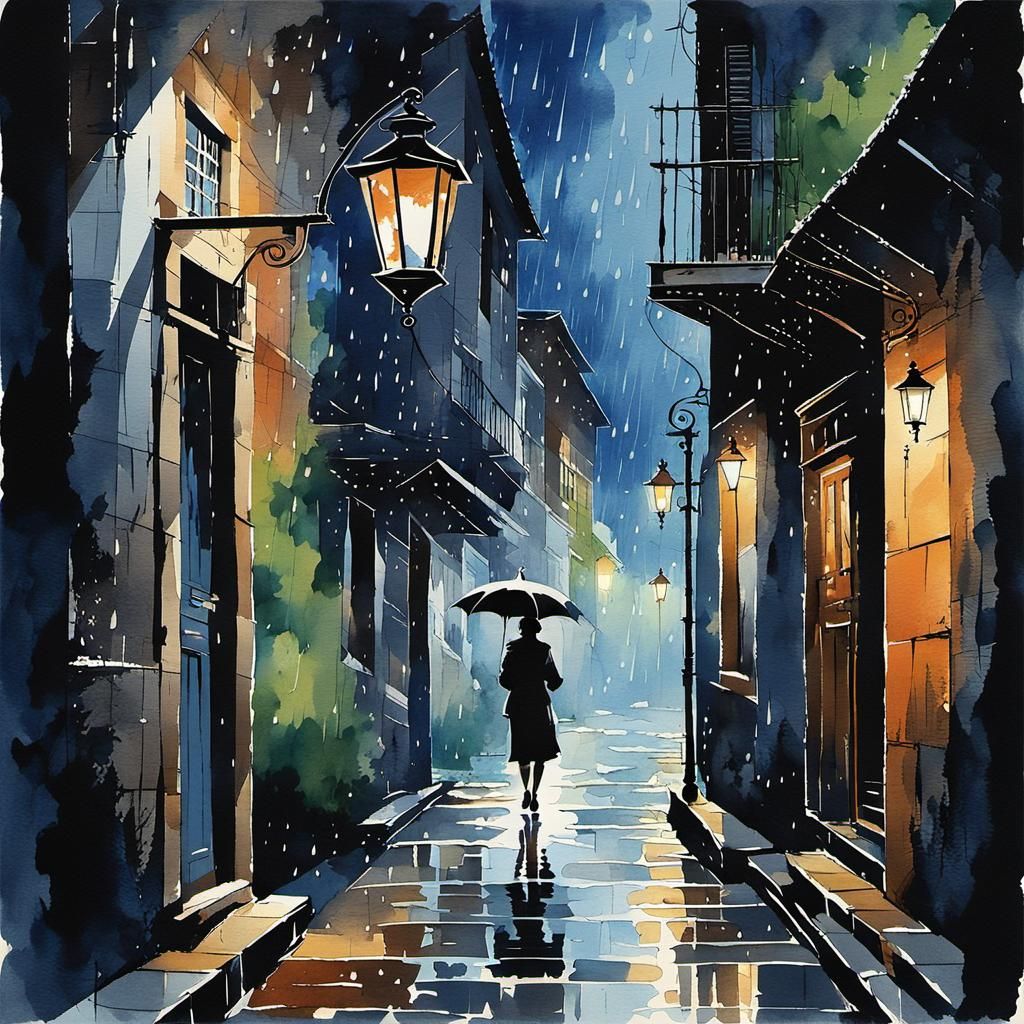 female walking down a narrow dark alleyway carrying a lantern in the pouring rain : moon shining though stormy clouds : ...