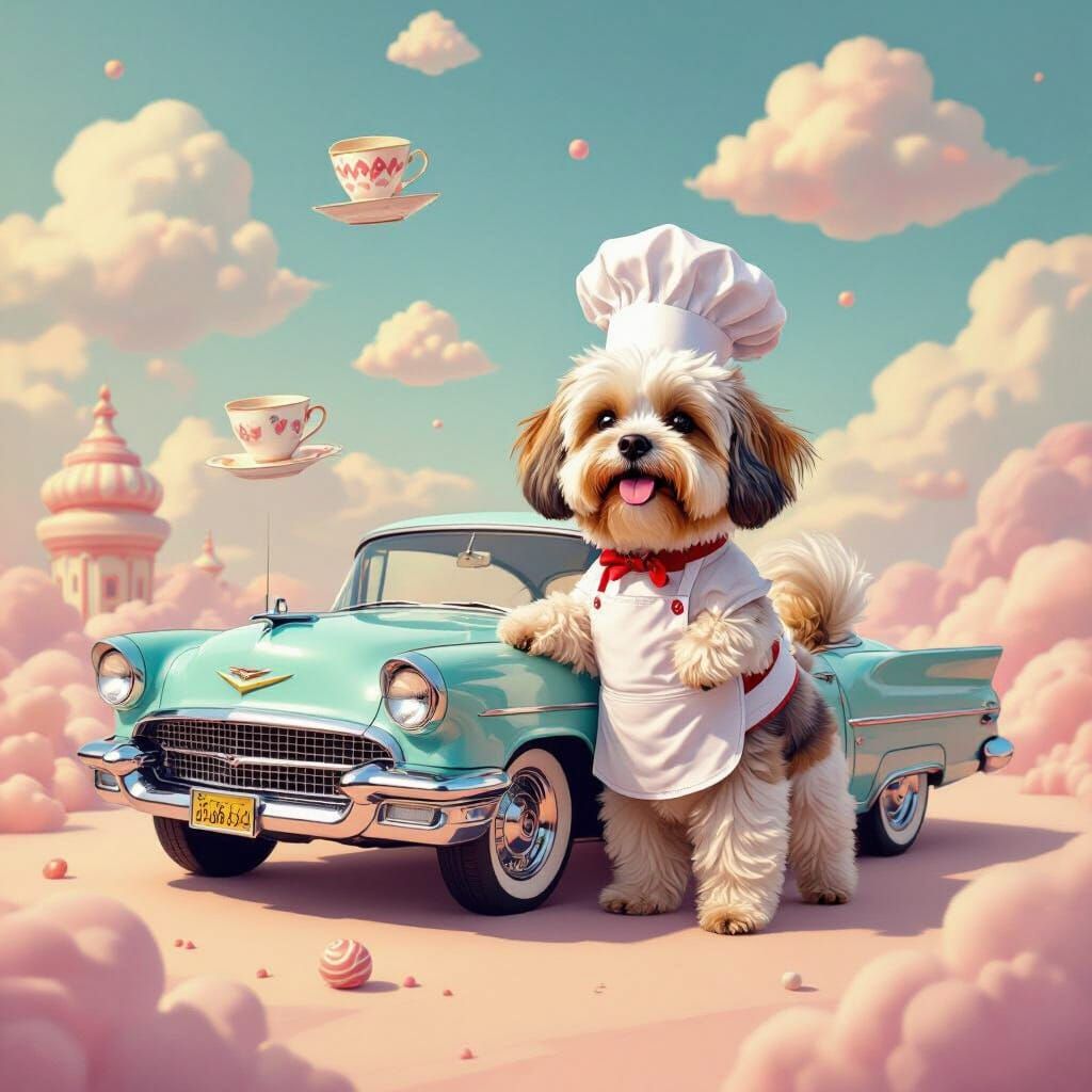 Anthropomorphic Chef Dog with Giant Chrome Car in Surreal La...