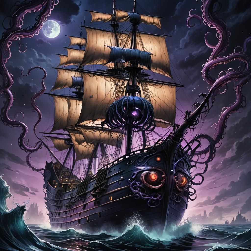 Dark Fantasy Anime Ship Attacked by Tentacles in Deep Blue a...