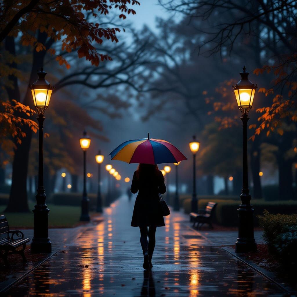 Misty Autumn Evening Park Scene with Woman