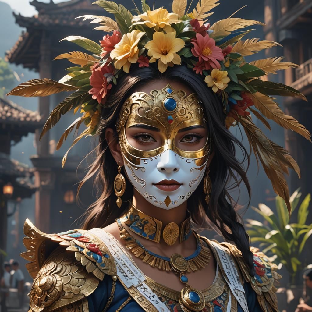 Woman with Latin American Mask in 3D Anime Art