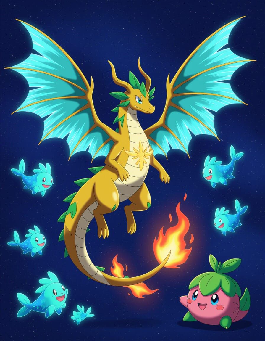 Golden Dragon Creature with Blue Wings in Cosmic Fantasy Art