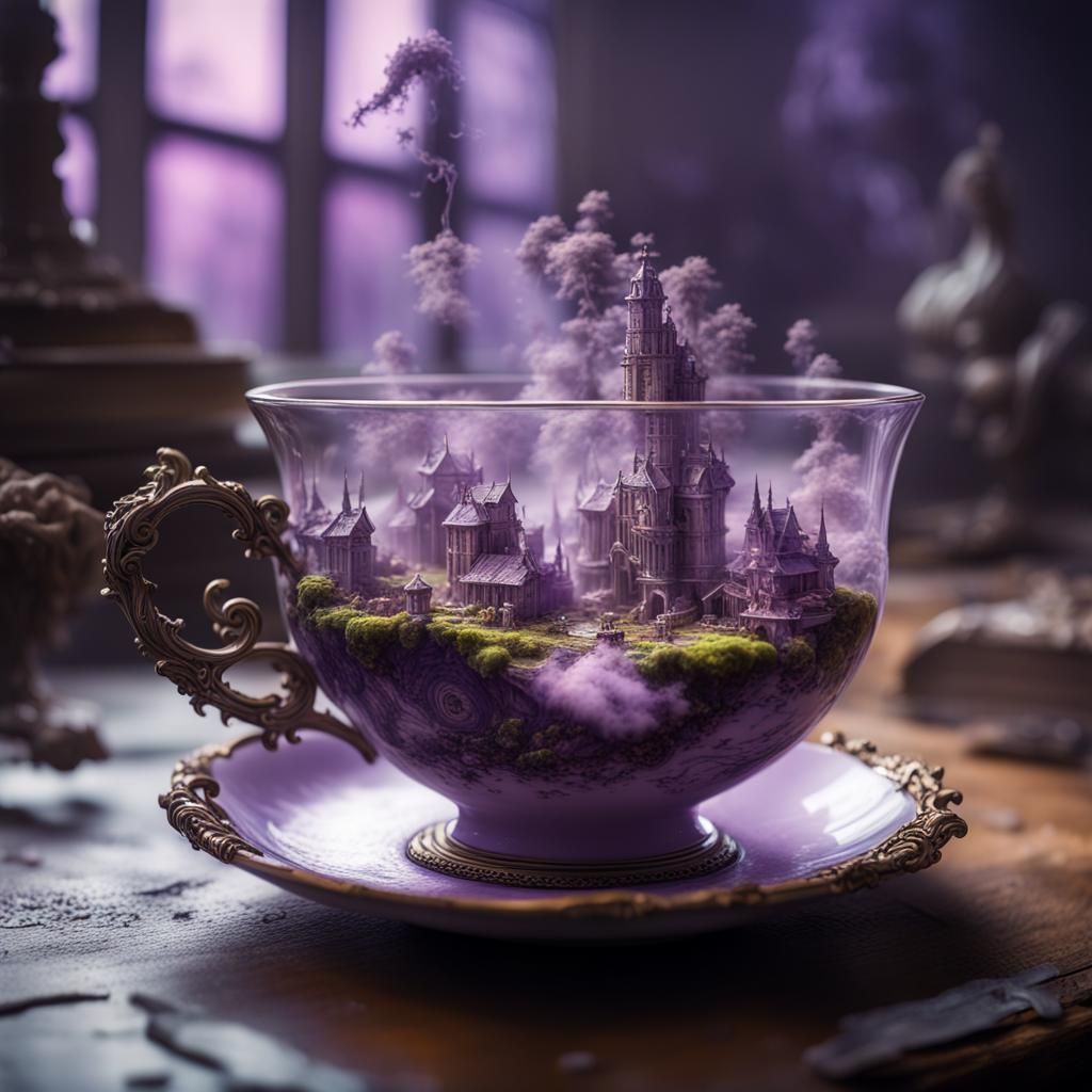 Miniature Fantasy World in Teacup: Digital Illustration