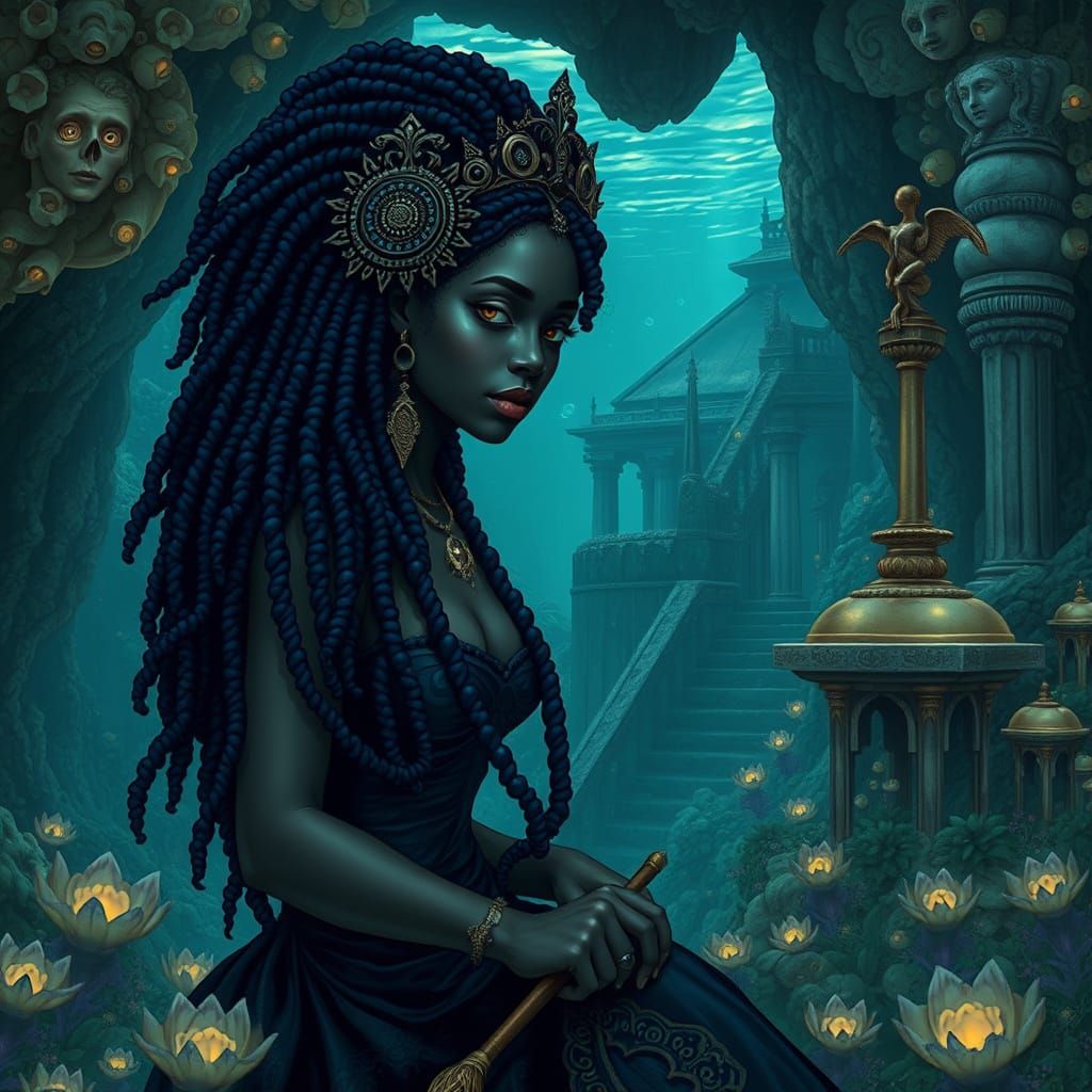 Underwater Grotto: Black Queen in Gothic Art Nouveau Style
