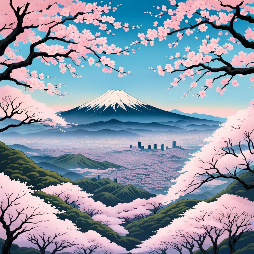 Ukiyo-e Cherry Blossoms Bloom with Distant Mountains