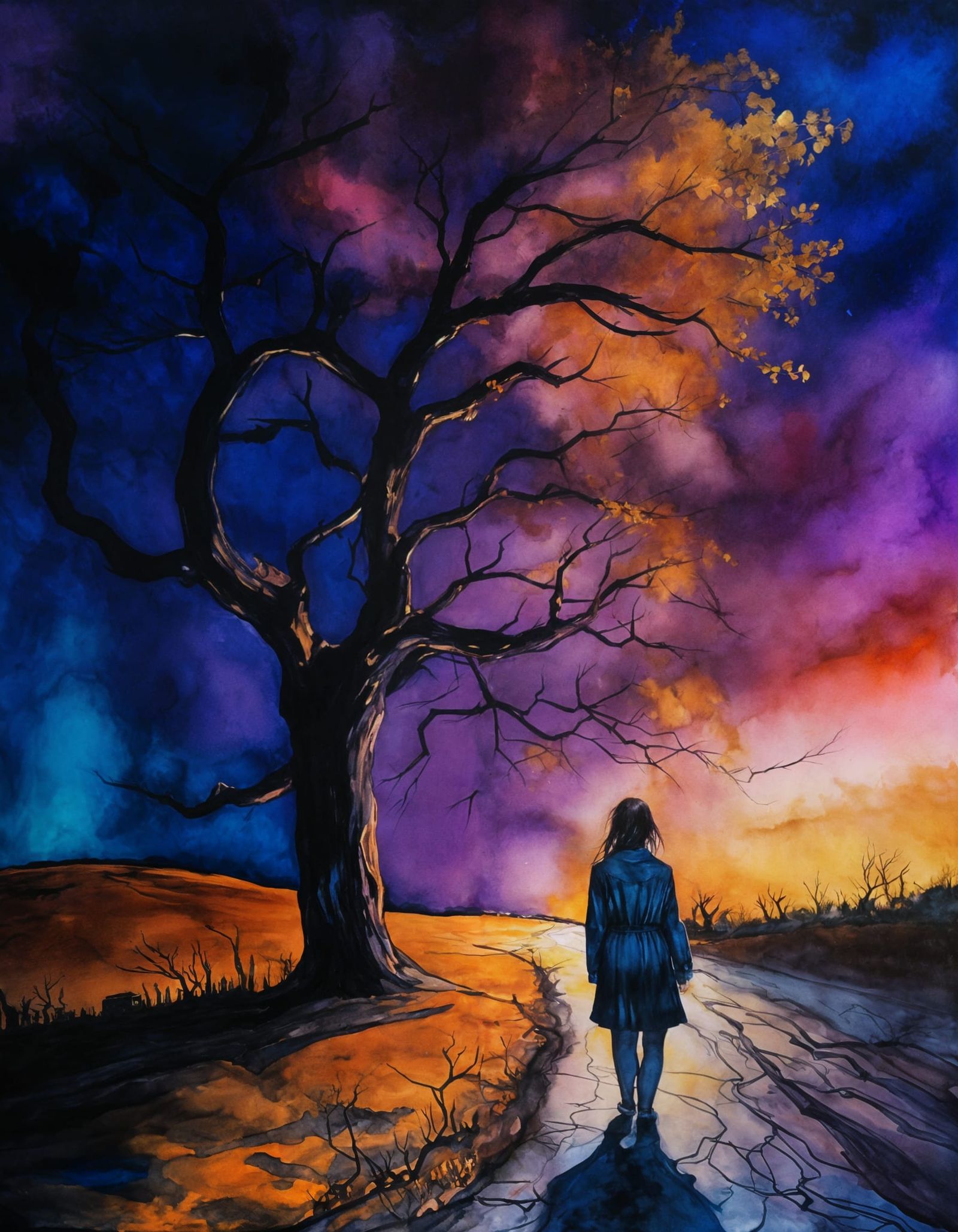 Eerie Night Road: Cinematic Alcohol Ink Painting