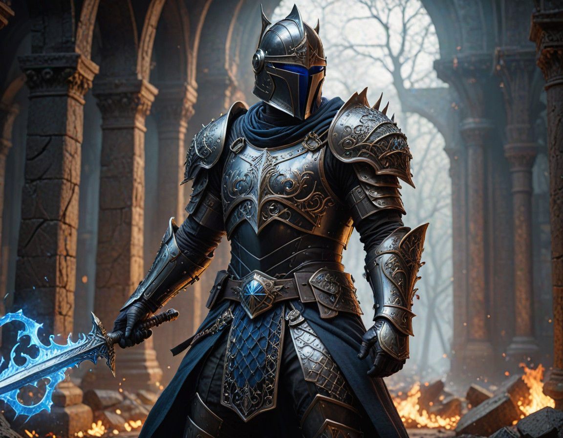 Dark Fantasy Black Knight in Rune-Ornamented Chainmail Armor