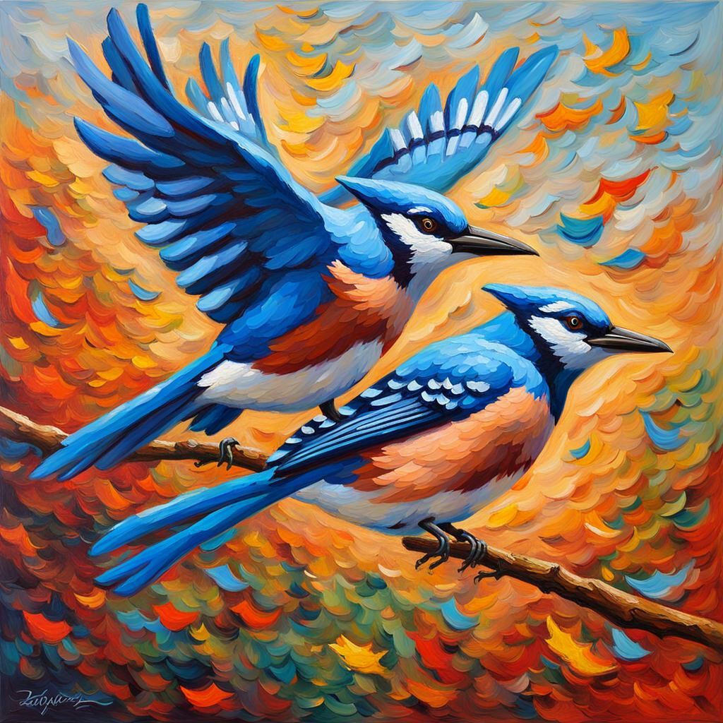 Bluejays Flying: Neo-Impressionist Expressionist Oil Paintin...