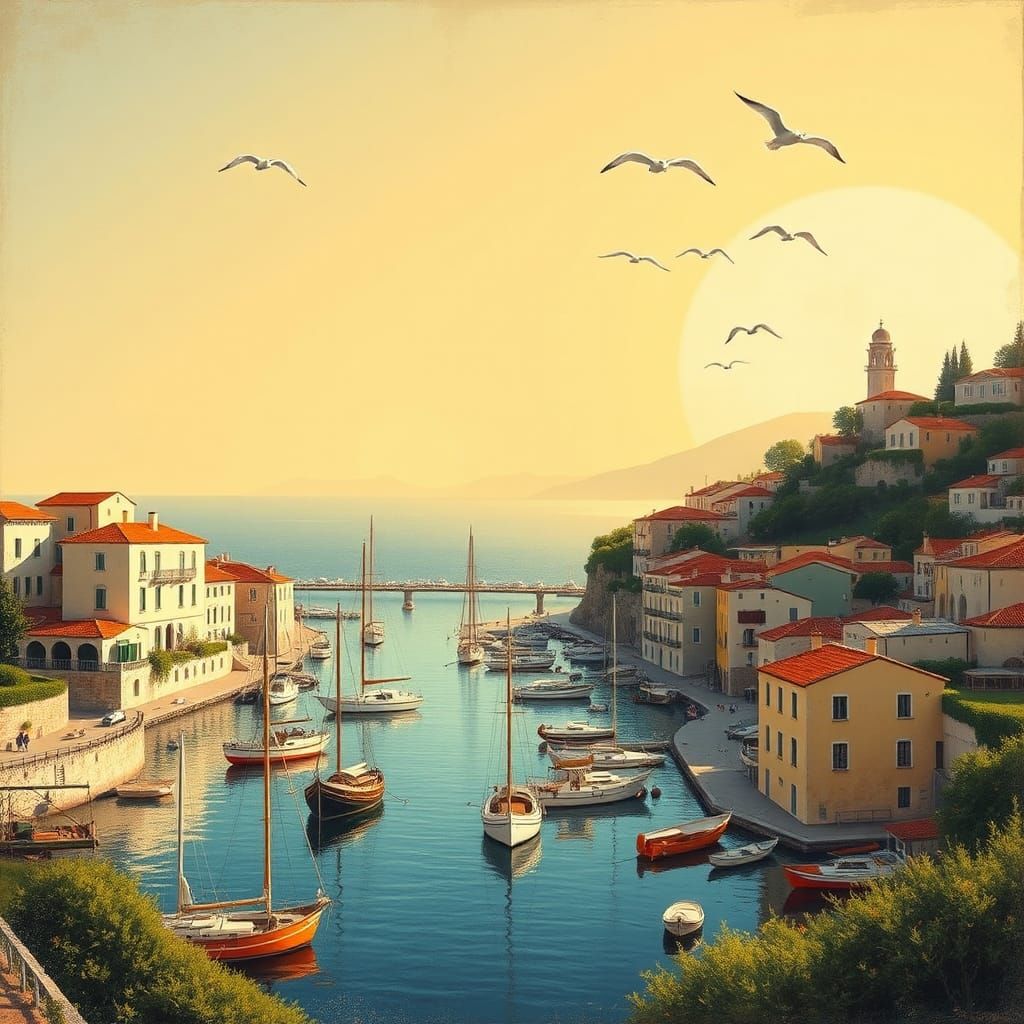 Vintage Coastal Town Travel Poster Art