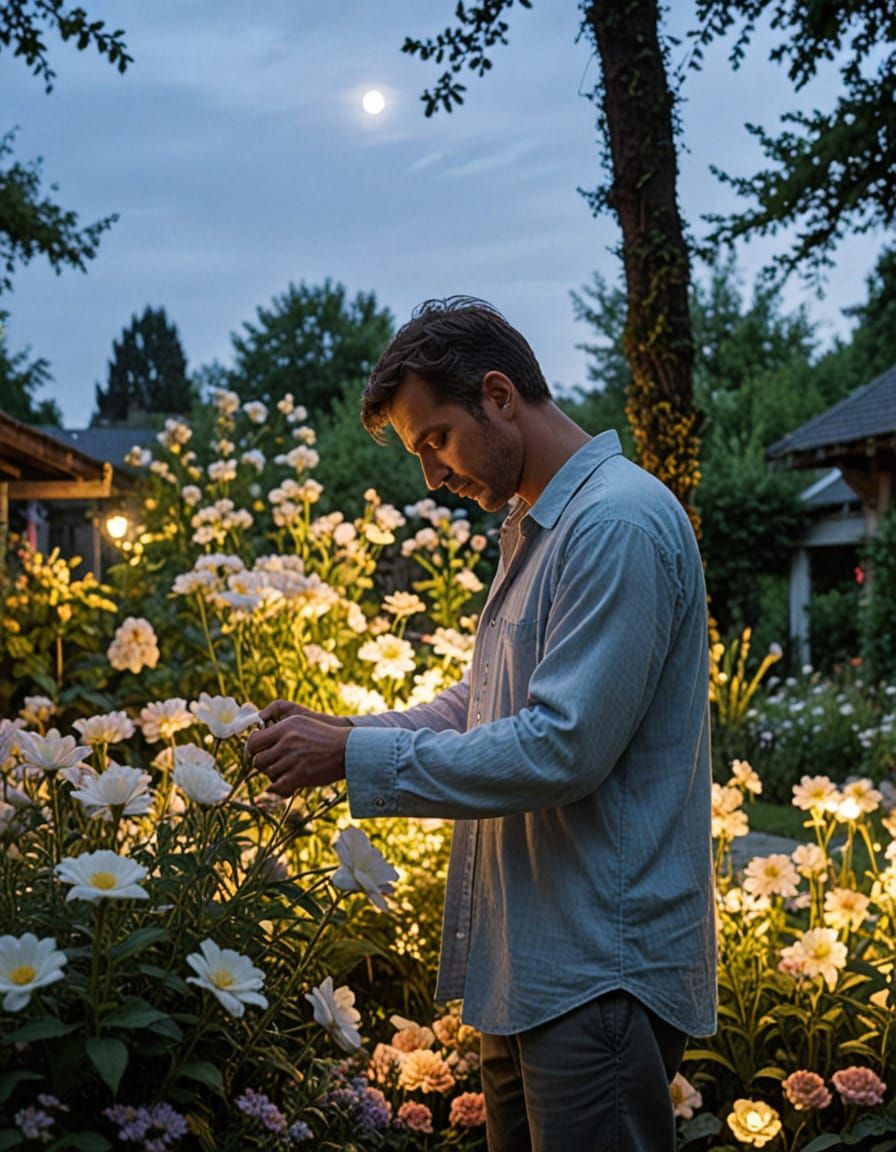 Gentle Evening Gardener Amidst Blooming Paradise