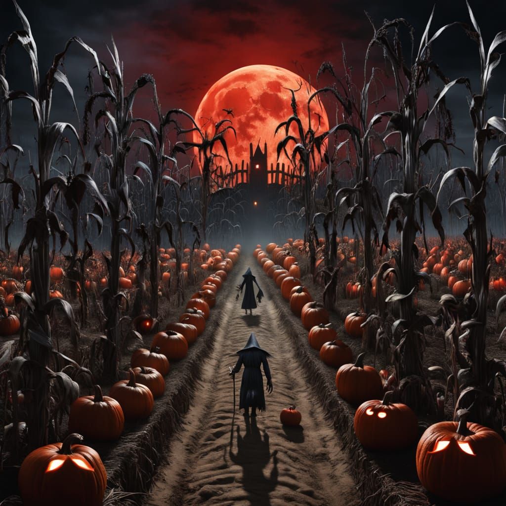 A haunted corn maze under a blood-red moon, with ghostly sca...