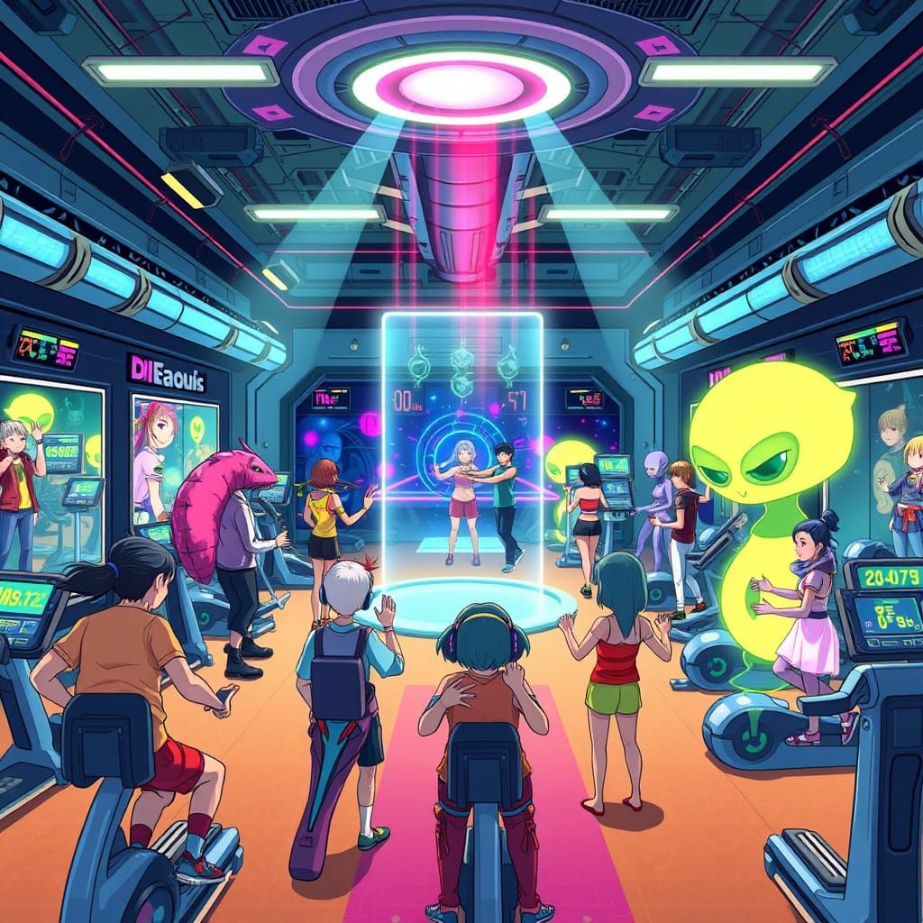 Futuristic Alien Fitness Hub in Bright Anime Style